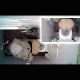 A woman is secretly video recorded by a hidden camera in a public restroom. 2 camera perspectives are shown with picture-in-picture format. Poop action is clearly visible. She clogs the toilet and tries to clean up her mess. Over 2 minutes.